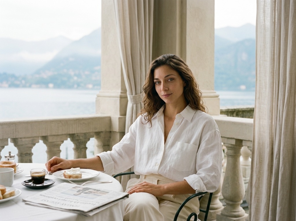 Giulia Bertoni having breakfast at a villa overlooking Lake Como