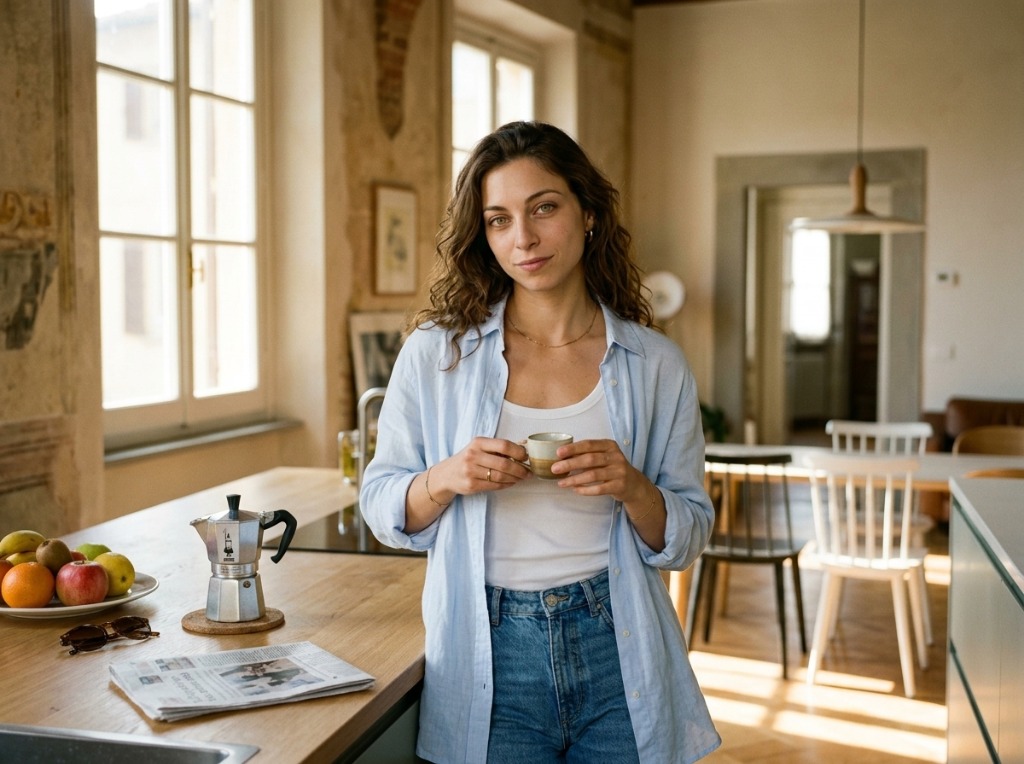 Giulia Bertoni holding coffee in a contemporary Italian apartment